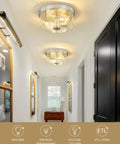 Matte Black two-light flush mount fixture with seeded glass shades in hallway, showcasing modern farmhouse style close to ceiling.
