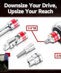 Close-up of socket extension components from Eight Piece Three Eighths Inch Drive Socket Extension Set With Extra Long Bars