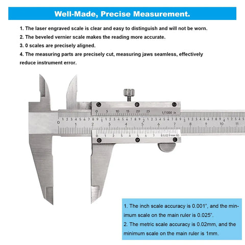 Close-up of Built Tough Vernier Caliper 0-6 Inch Stainless Steel Precision Measuring Tool with Inch and Metric Readouts