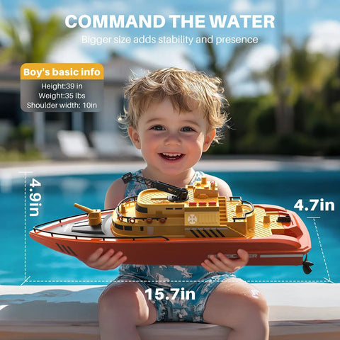 Child by a pool holding Awesome Remote Control Fireboat RC Boat For Kids 8 To 12 With 40 Minutes Run Time Two Batteries One Key Water Spray
