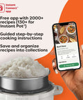 Hand holding smartphone with recipe app, rice in 7 In 1 Electric Pressure Cooker With App For Recipe Library, Slow Cook, Saute, Steam, Rice, Yogurt And Keep Warm, 13 One Touch Smart Programs, Stainless Steel 6 Quart, Safe Steam Release For Fast Easy Weeknight Meals.