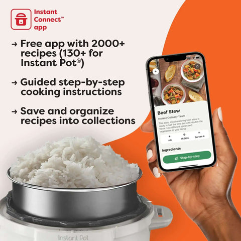 Hand holding smartphone with recipe app, rice in 7 In 1 Electric Pressure Cooker With App For Recipe Library, Slow Cook, Saute, Steam, Rice, Yogurt And Keep Warm, 13 One Touch Smart Programs, Stainless Steel 6 Quart, Safe Steam Release For Fast Easy Weeknight Meals.