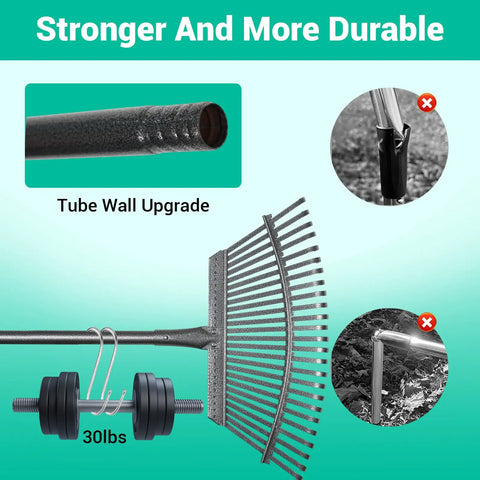 Adjustable Garden Rake With 36 To 73 Inch Extendable Handle 18 Inch Wide Head 25 Metal Tines Heavy Duty Yard Cleanup Tool showing durability features