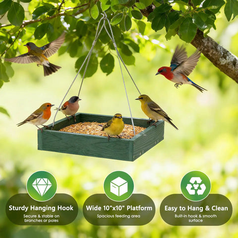 Heavy Duty WPC Platform Bird Feeder Hanging With 3.5 Lbs Capacity in green, holding birds in garden, metal mesh bottom visible