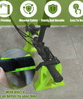 Rock Solid Portable Bike Repair Stand For Electric, Mountain And Road Bikes shown with green frame and Velcro grip