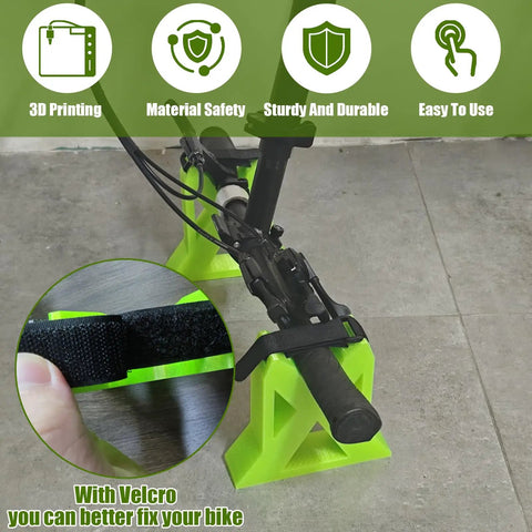 Rock Solid Portable Bike Repair Stand For Electric, Mountain And Road Bikes shown with green frame and Velcro grip