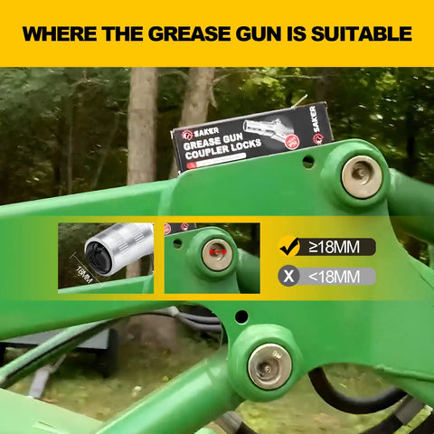 Heavy Duty Quick Release Grease Gun Coupler Set Upgraded To 14000 PSI, Locking Jaw demonstration on green machinery