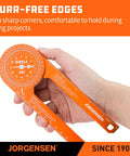 Jorgensen 7-inch orange aluminum miter saw protractor angle finder with laser-etched scales, front view