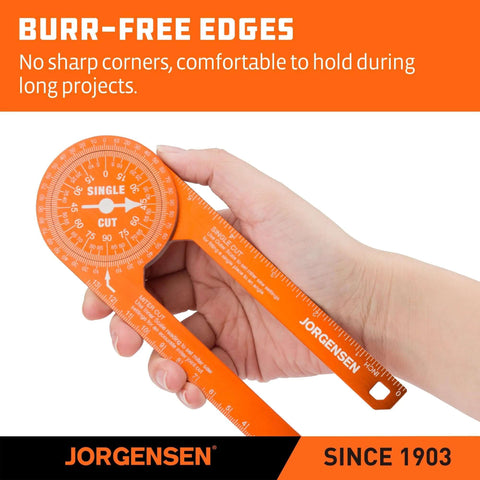 Jorgensen 7-inch orange aluminum miter saw protractor angle finder with laser-etched scales, front view