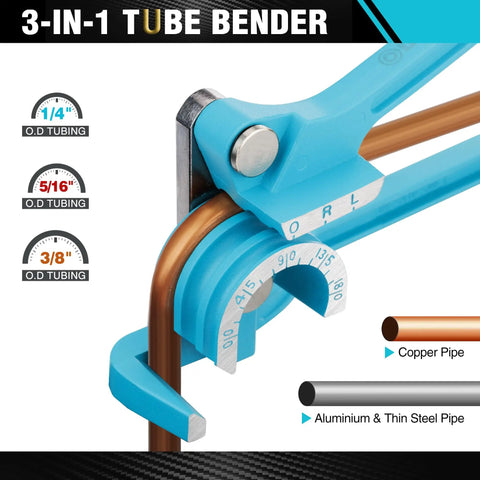 Duratech 180 Degree Tubing Bender 3 In 1 Pipe Bender Tool For Soft Copper Brass Aluminum Thin Steel showing calibrated markings for accurate bends.