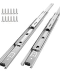 Five Pairs Of 22 Inch Full Extension Drawer Slides With 100 Lb Capacity Side Mount Rails, screws included, front view.