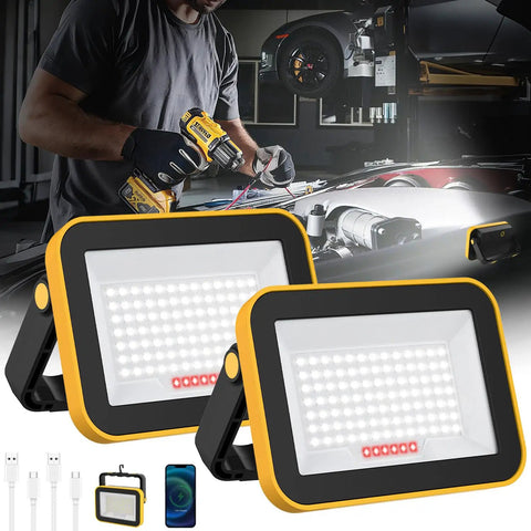 Rechargeable Cordless Work Light With USB Powered Battery, Waterproof LED Flood Light For Outdoor Use, 2 Pack displayed.