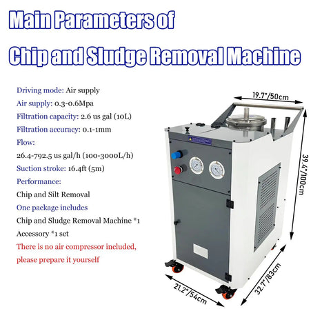Badass Pneumatic Chip And Sludge Removal Machine Filters CNC Cooling Oil clears metallic gunk, dimensions 32.7x21.2x39.4 inches.
