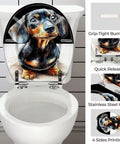 Round Resin Toilet Seat for Bathroom featuring a colorful dachshund design with quick release function and stainless steel hinge.