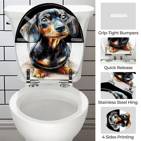 Round Resin Toilet Seat for Bathroom featuring a colorful dachshund design with quick release function and stainless steel hinge.