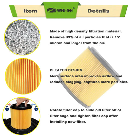 Info graphic of Two Pack Standard Cartridge Filter Replacement For VCFS Fits 5 To 16 Gallon Wet Dry Vacuums And VBV1210