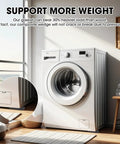 Washing machine stabilized with black plastic shims for leveling under the appliance by a window.