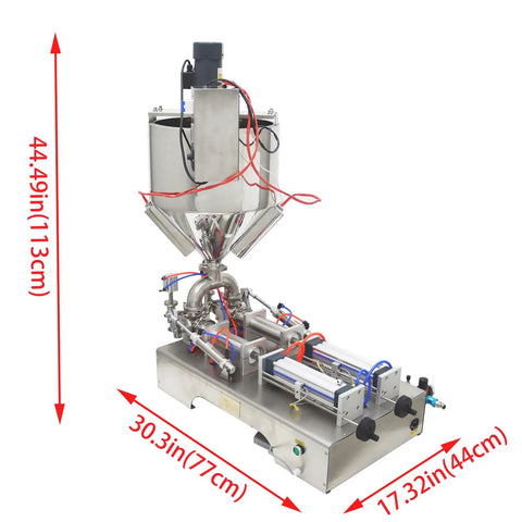 Top Shelf Pneumatic Piston Filler With Dual Stainless Steel Nozzles And Heating Stirring System Smooth No Drip Nonsense Liquid Paste Machine For Honey Cream Lotion Oil Cosmetics 110V with dimensions.