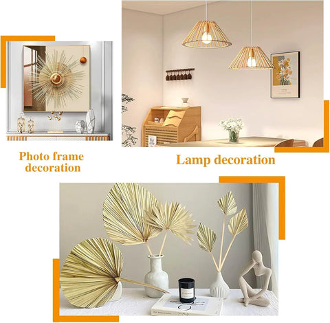 Decorative home accessories including a photo frame, hanging lamps, and a vase with golden leaves.