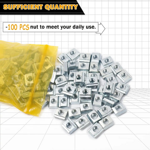 100 Pieces 2020 Series Sliding T Nuts M3 Thread Hammer Head Slide In T Nut For 6mm T Slot Aluminum Extrusion Profiles Carbon Steel Zinc Plated Heavy Duty Durable Hardware Kit For Quick Assembly, shown in bulk bag