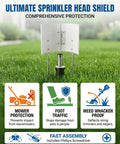 Skip The Wet Driveway Hassle Solid Hinged Adjustable Sprinkler Guard Rust Proof Lawn Shield Custom Width Spray Baffle sprinkler head shield protecting grass against mowers and foot traffic.
