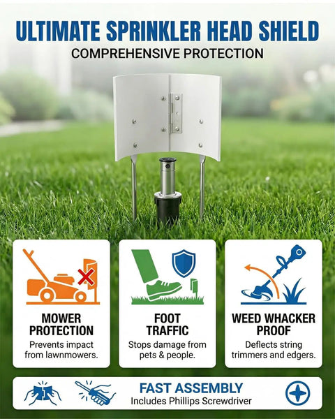 Skip The Wet Driveway Hassle Solid Hinged Adjustable Sprinkler Guard Rust Proof Lawn Shield Custom Width Spray Baffle sprinkler head shield protecting grass against mowers and foot traffic.