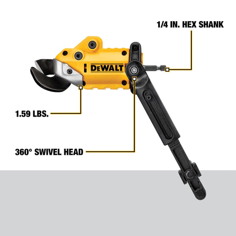 DEWALT metal shear/cutter drill attachment with 360° swivel head and 1/4 in hex shank for 18GA metal (yellow/black)