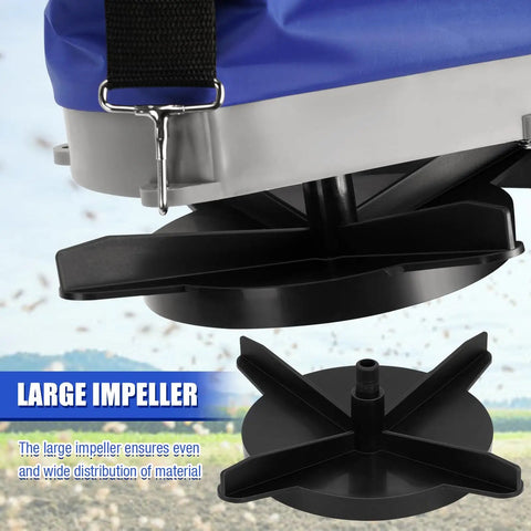 Close-up of large impeller on 25Lb Seed Spreader With Waterproof Bag And Precise Gears For Accurate Lawn Seeding, Blue Color