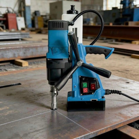 Beefy Magnetic Drill Press With Variable Speed, Portable Core Drilling Machine for Steel Plates and Hollow Sections, 1580W, Industrial and Home Use, Handheld on steel plate.