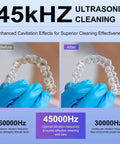 Ultrasonic Retainer Cleaner Machine 45kHz 200ML Denture Cleaner With 4 Cleaning Modes Digital Timer Mouth Guard Cleaner For Aligners Toothbrush Jewelry And More Gentle Deep Clean For Daily Use On Dentures Aligners Mouth Guards And Jewelry. 45kHz cleaning chart with before and after aligner close-up