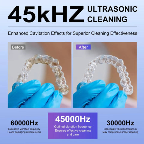 Ultrasonic Retainer Cleaner Machine 45kHz 200ML Denture Cleaner With 4 Cleaning Modes Digital Timer Mouth Guard Cleaner For Aligners Toothbrush Jewelry And More Gentle Deep Clean For Daily Use On Dentures Aligners Mouth Guards And Jewelry. 45kHz cleaning chart with before and after aligner close-up
