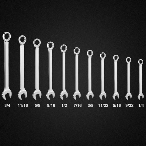 11-Piece SAE Combination Wrench Set In Roll Up Pouch Non-Skip Inch Sizes 1/4 To 3/4 Inch Chrome Vanadium Steel With Mirror Finish