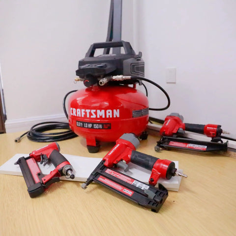 Craftsman 6 Gallon Pancake Air Compressor And 3 Piece Nail Gun Combo Kit With Oil Free Pump 25 Foot Hose Finish Brad Pin Nailer For Home Shop Projects Portable Lightweight Design