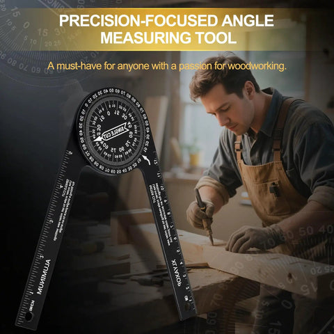 Dead On Aluminum Miter Saw Protractor Angle Finder Tool For Crown Molding And Trim Work Heavy Duty Carpenter Gauge on wooden surface.