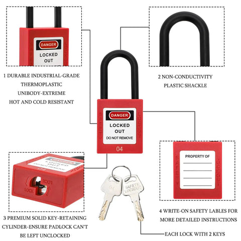 10 Pack Lockout Tagout Padlocks For Stations And Devices, Keyed Differently, Red Plastic Unibody Locks With Two Keys Per Lock