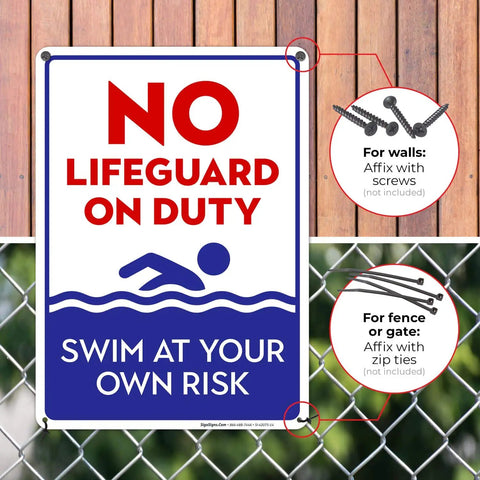 No Lifeguard On Duty Pool Sign, Blue 10x14 Inches, Rust Free.040 Aluminum displayed on wooden fence with mounting instructions