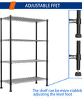 Straight Up Heavy Duty Metal Storage Rack With Adjustable Shelves For Kitchen Pantry Or Closet showing adjustable feet for stability.