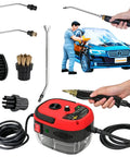 No Sweat Heavy Duty 2500W High Pressure Steam Cleaner For Car Engine Detailing And House Chores With Six Adjustable Heat Levels Portable Multi Surface Steam Workhorse For Kitchen Bathroom And Wheels In Red with accessories