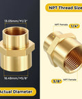 Diagram showing brass pipe fittings with NPT thread sizes for 3/8" and 1/4" female ends, part of 12 pack brass pipe fittings 3/8 in female NPT to 1/4 in female NPT brass couplings hex head adapters for tub spout and shower setups that make DIY plumbing a breeze.