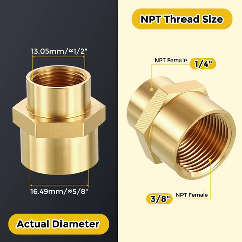 Diagram showing brass pipe fittings with NPT thread sizes for 3/8" and 1/4" female ends, part of 12 pack brass pipe fittings 3/8 in female NPT to 1/4 in female NPT brass couplings hex head adapters for tub spout and shower setups that make DIY plumbing a breeze.