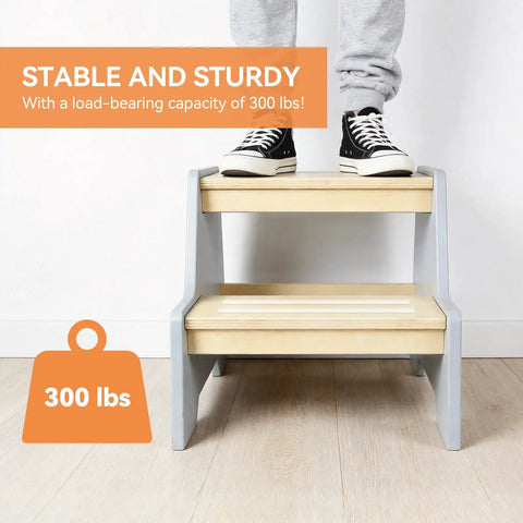 Rock Solid Wood Two Tier Step Stool For Kids Built Tough With Slip Secure Bottom Pads For Bathroom Sink And Kitchen Counter Toddler Ladder Kid Tested And Approved For Daily Use