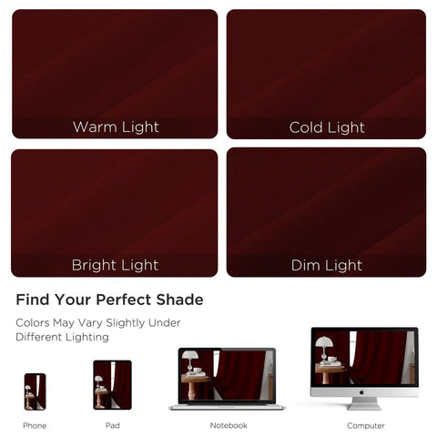 Burgundy Red Blackout Curtains 96 Inch Long 2 Panels Rod Pocket Window Drapes shown under different lighting conditions on screens.