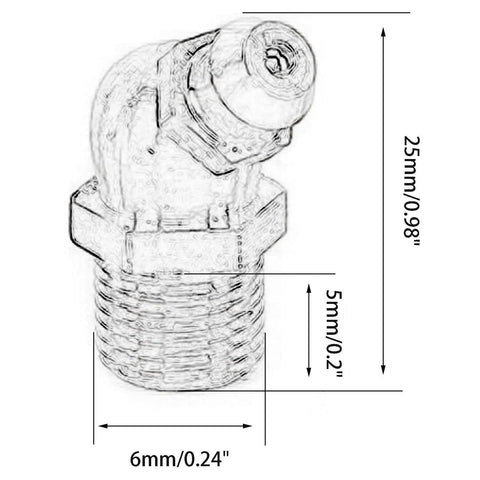 Heavy Duty M6 X 1mm 45 Degree Brass Hydraulic Zerk Grease Nipple Fitting Set Of 15 For Machinery And Equipment Hardened Brass Smooth Flat Mouth Anti Slip Thread Corrosion Resistant Built To Last For Auto Shops And Factories. Close-up illustration with dimensions
