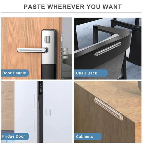 Image showing Clear Self Adhesive Furniture Bumpers 6 Pack Silicone Rubber Wall Protector Pads on door handle, fridge, chair back, and cabinets.