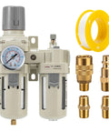 LNCHKA FRL air regulator unit with gauge, 0-150 PSI, 3/8 in NPT oil/water separator, includes four brass fittings.