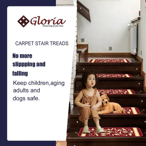 Anti Slip Stair Treads 15 Piece Red Set Pet Friendly No Slip Stair Mats With Rubber Backing Floral Design Grip for Hardwood Floors Carpets and All Step Surfaces in home use with child and dog