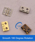 Built Tough 30 Pack Mini Butt Hinges With Screws, 13X12Mm Bright Gold Plated Steel Hardware For Crafting And Decorative Wooden Boxes, Nifty Compact Specs That Work Straight Up, showing different hinge colors.