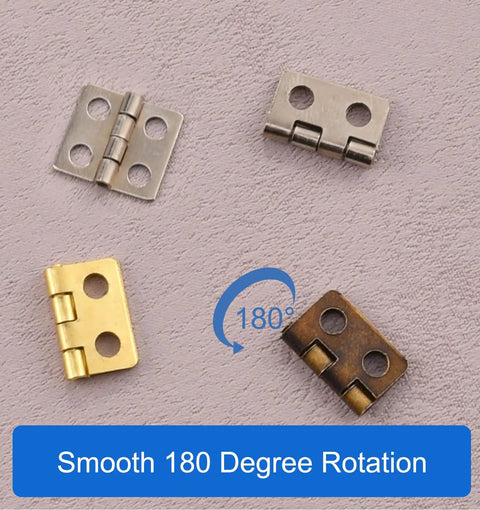 Built Tough 30 Pack Mini Butt Hinges With Screws, 13X12Mm Bright Gold Plated Steel Hardware For Crafting And Decorative Wooden Boxes, Nifty Compact Specs That Work Straight Up, showing different hinge colors.
