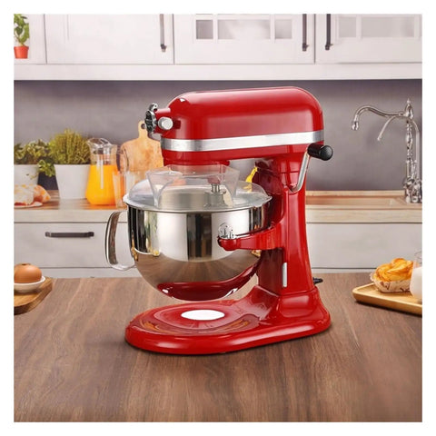 Pouring Cover Splash Guard For KitchenAid Bowl Lift Stand Mixers 5.5Qt Through 8Qt installed on red mixer in kitchen
