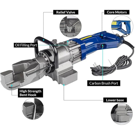 Close-up of Heavy Duty Electric Hydraulic Rebar Bender Machine For Construction Use showing oil filling port and relief valve.